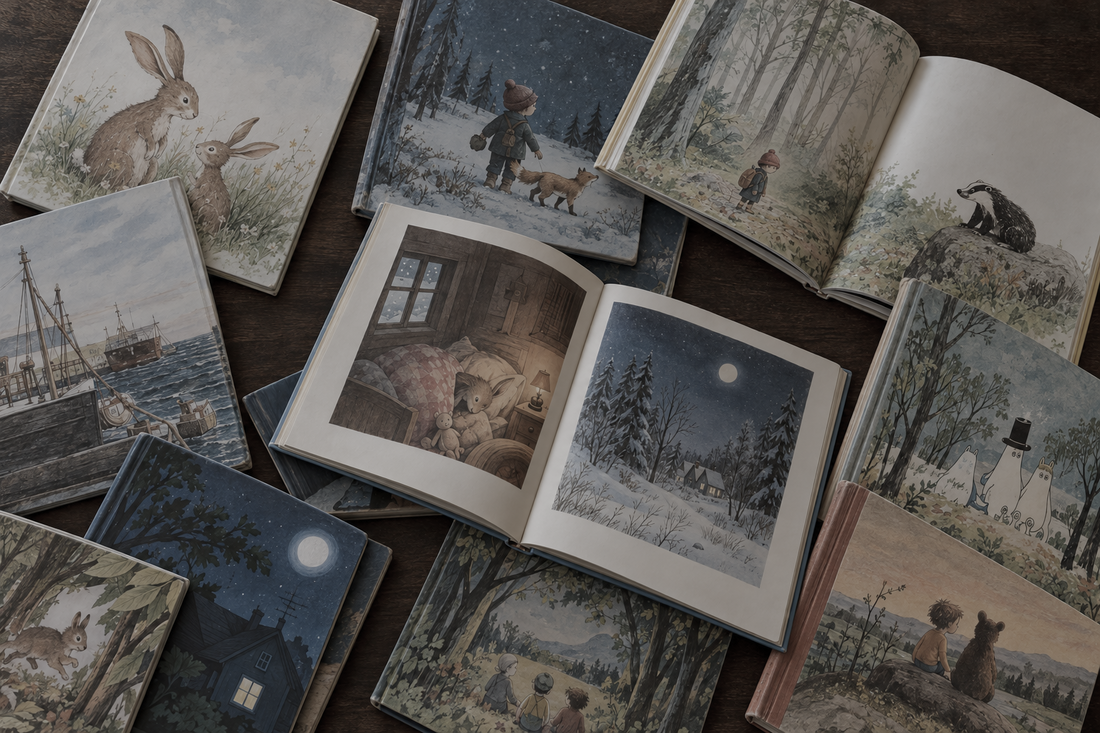 Overhead view of children's picture books spread across a wooden table with colored pencils in a cozy Scandinavian-inspired setting.