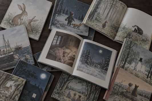 Overhead view of children's picture books spread across a wooden table with colored pencils in a cozy Scandinavian-inspired setting.